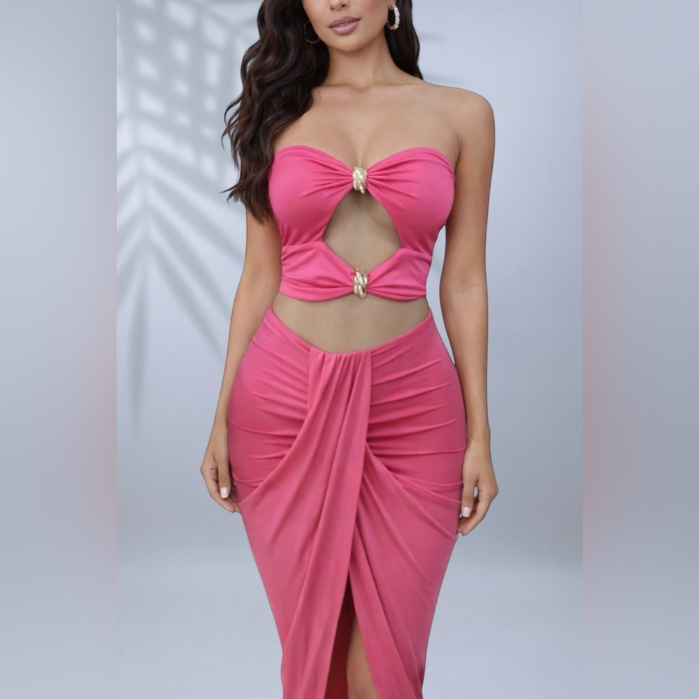 Pink Cutout Two-Piece Set – Ruched Maxi Skirt ✧ S
